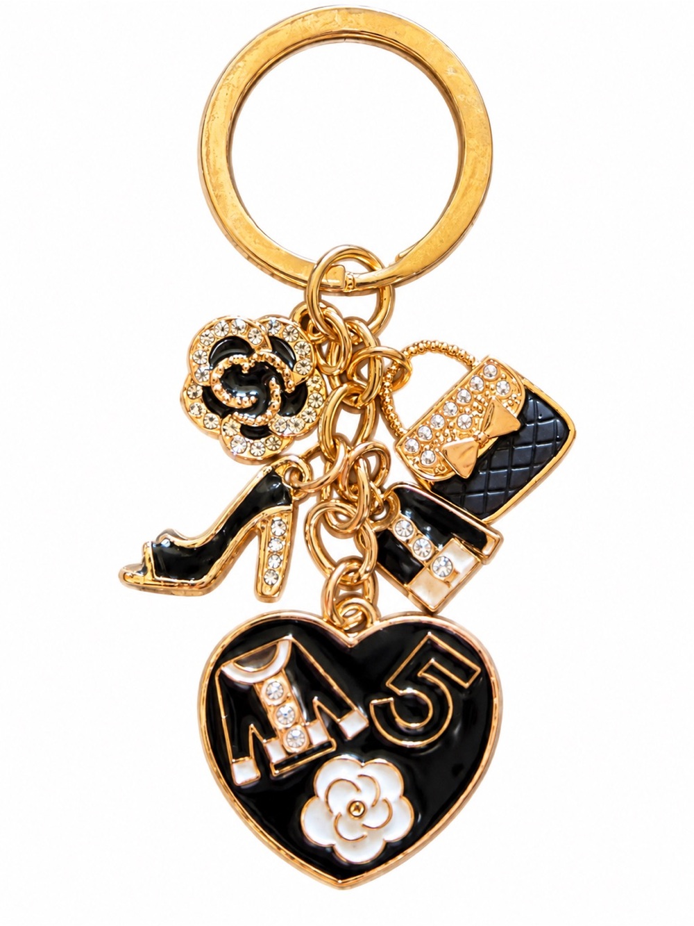 Glam Gold Tone Heart Charm Keychain Purse Bag Key Ring New